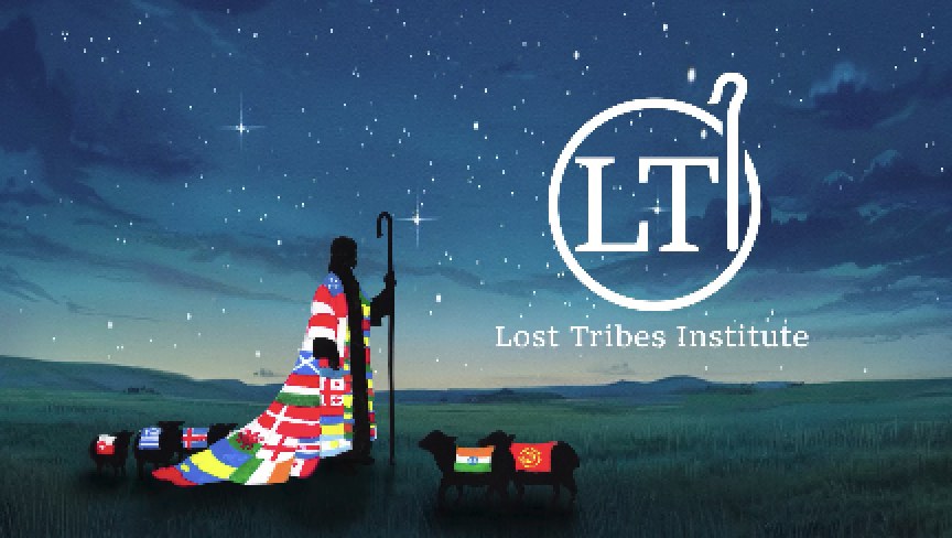 Lost Tribes Institute logo: a shepherd with a crook, wearing a cloak of many nations’ flags, with sheep under a starry sky