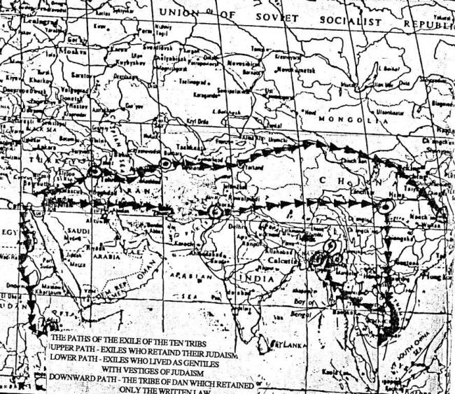 Rabbi Avichail's Amishav map of the paths of exile of the Ten Tribes